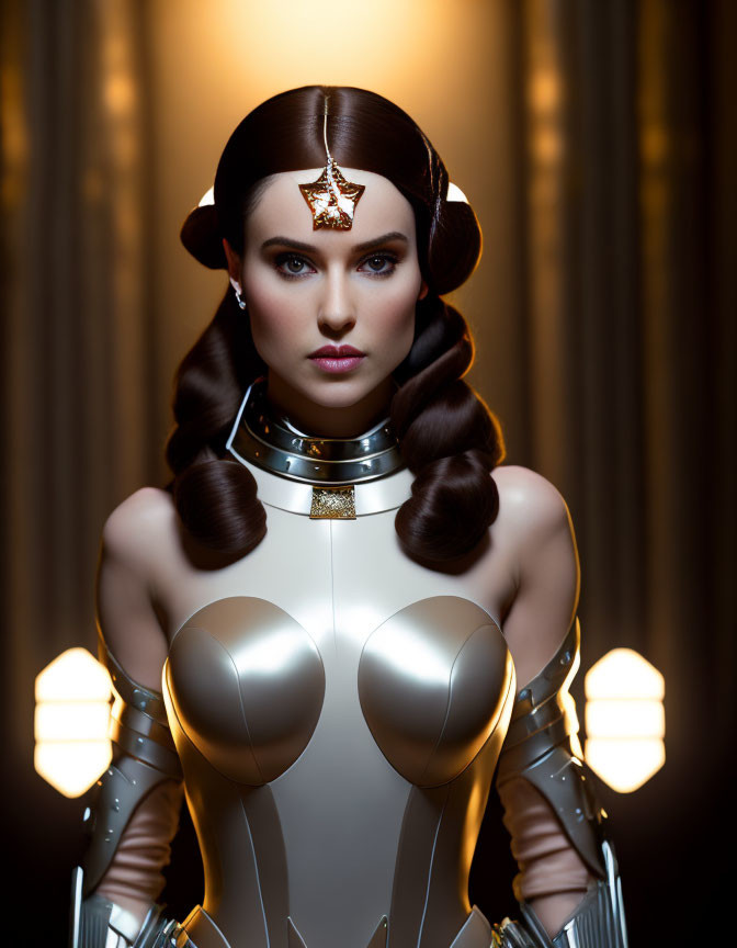 Futuristic woman in star-adorned costume on light background