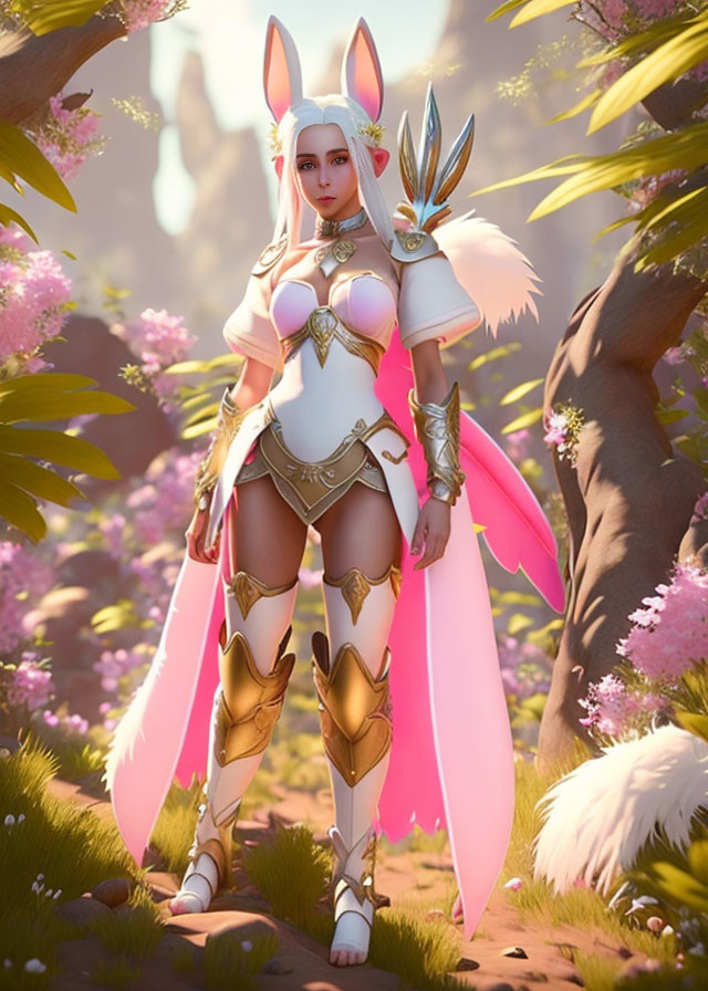 Fantasy character with rabbit-like ears in pink armor among blossoming trees