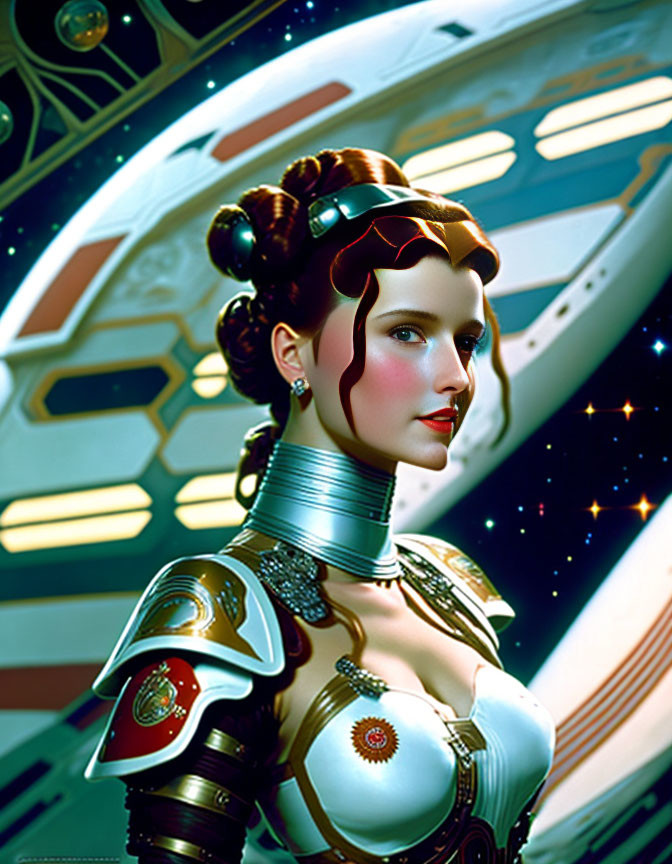 Futuristic female figure in cybernetic armor with spaceship background