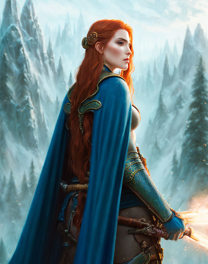 Digital Artwork: Red-Haired Woman with Glowing Sword in Snowy Mountain Landscape