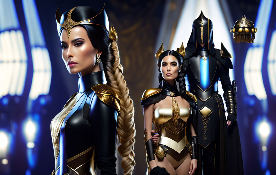 Three individuals in black and gold fantasy warrior costumes against ornate backdrop