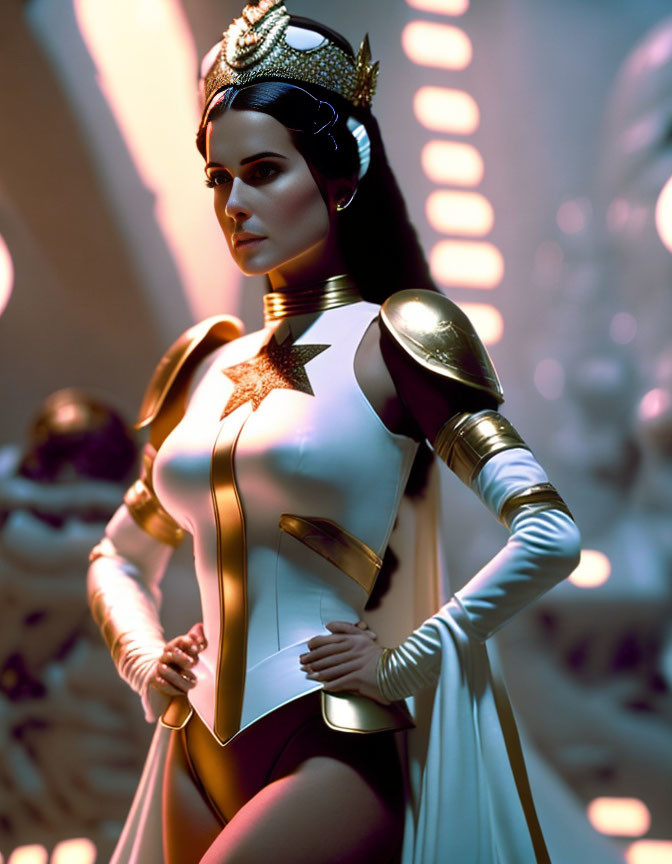 Futuristic white and gold armored costume on confident woman in heroic pose