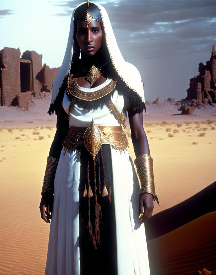 Ancient Egyptian-style woman in desert with ruins and dunes