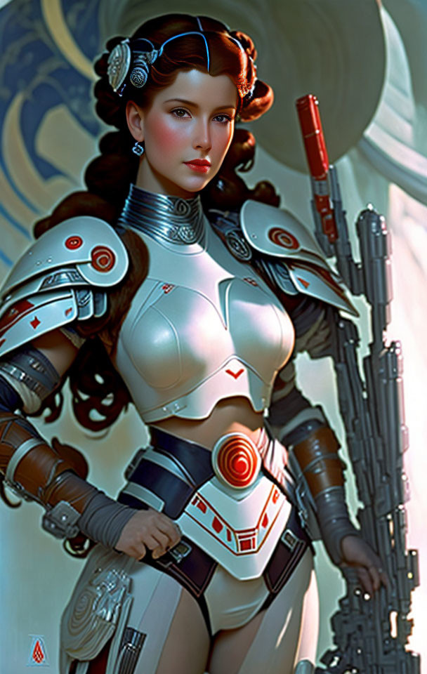 Detailed futuristic warrior woman with armor, headset, and blaster weapon in sci-fi setting