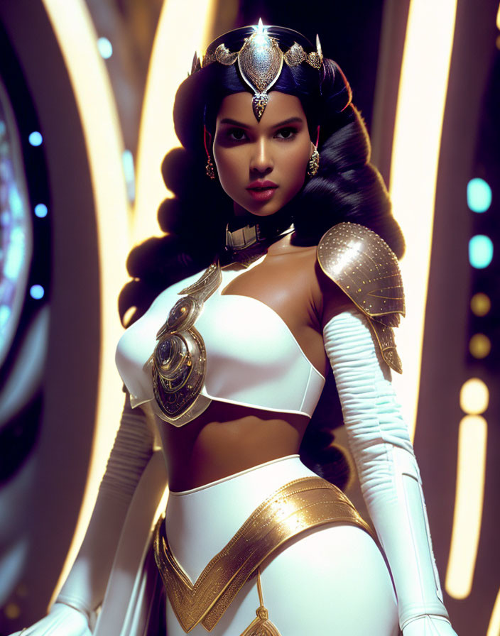 Futuristic female warrior in white and gold armor against glowing backdrop