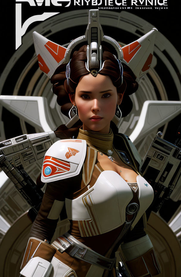 Futuristic female character in white and brown armor with Cyrillic emblem.