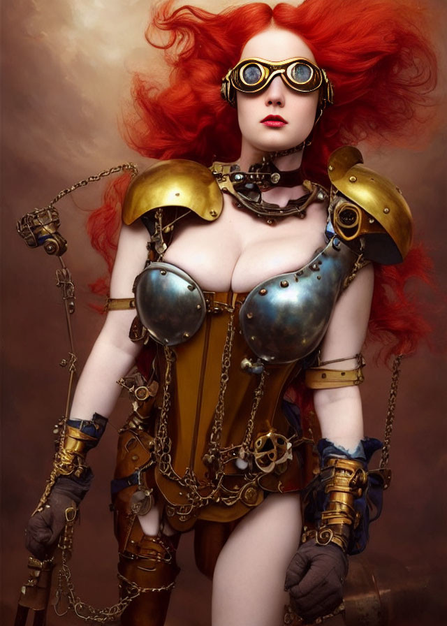 Vibrant red-haired woman in steampunk attire with goggles and gear details