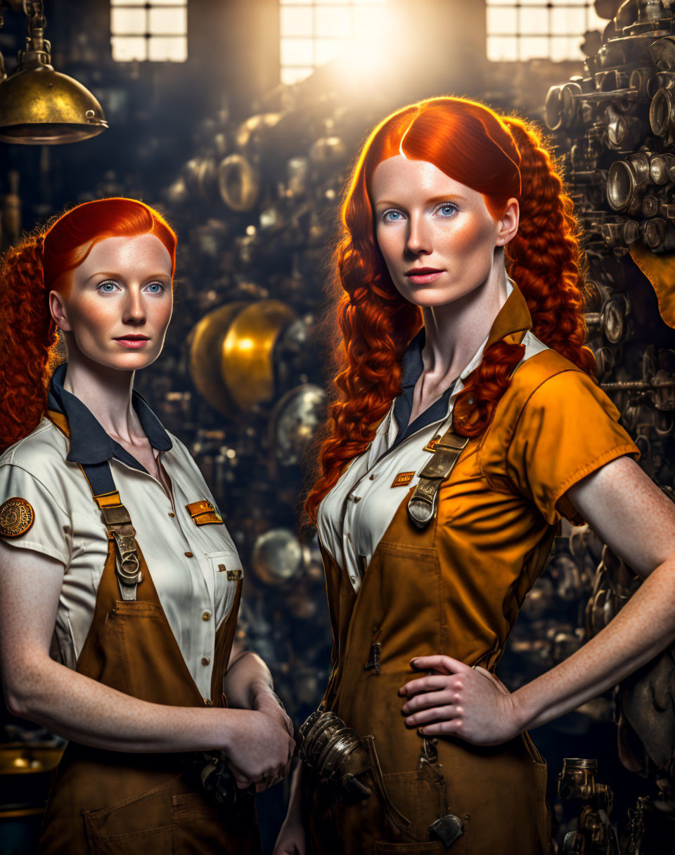 Two Women in Red Hair and Orange Work Uniforms with Brass Goggles in Industrial Setting