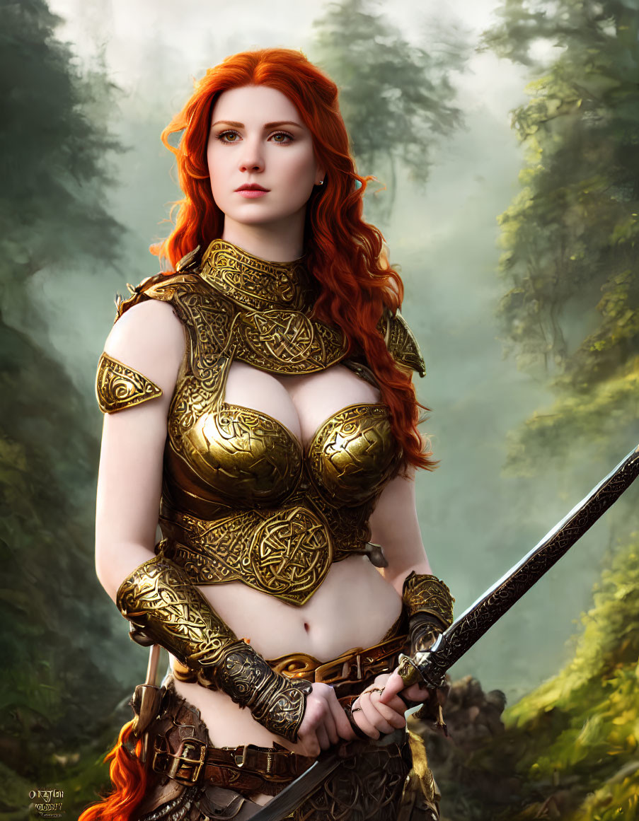 Red-Haired Warrior Woman in Golden Armor with Sword in Misty Forest