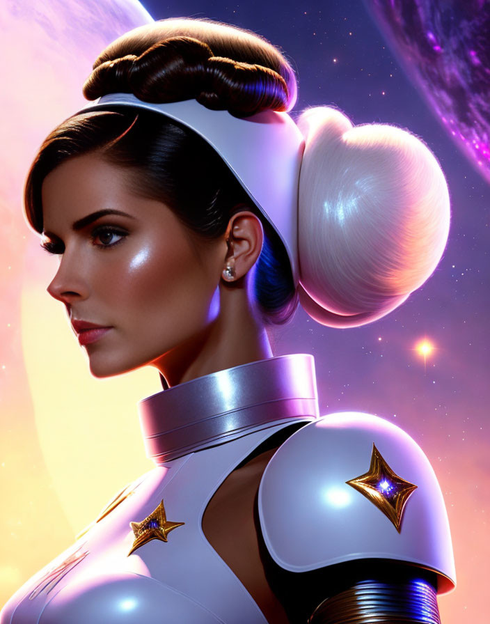Futuristic woman with elaborate hairstyle in metallic outfit against cosmic space background
