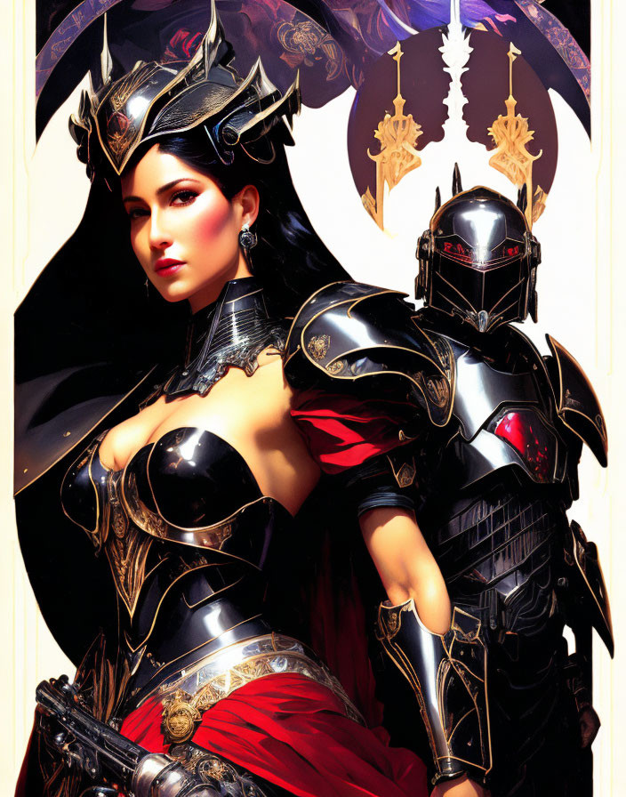 Illustration of female warrior in ornate black armor with helmet, accompanied by another figure in matching armor