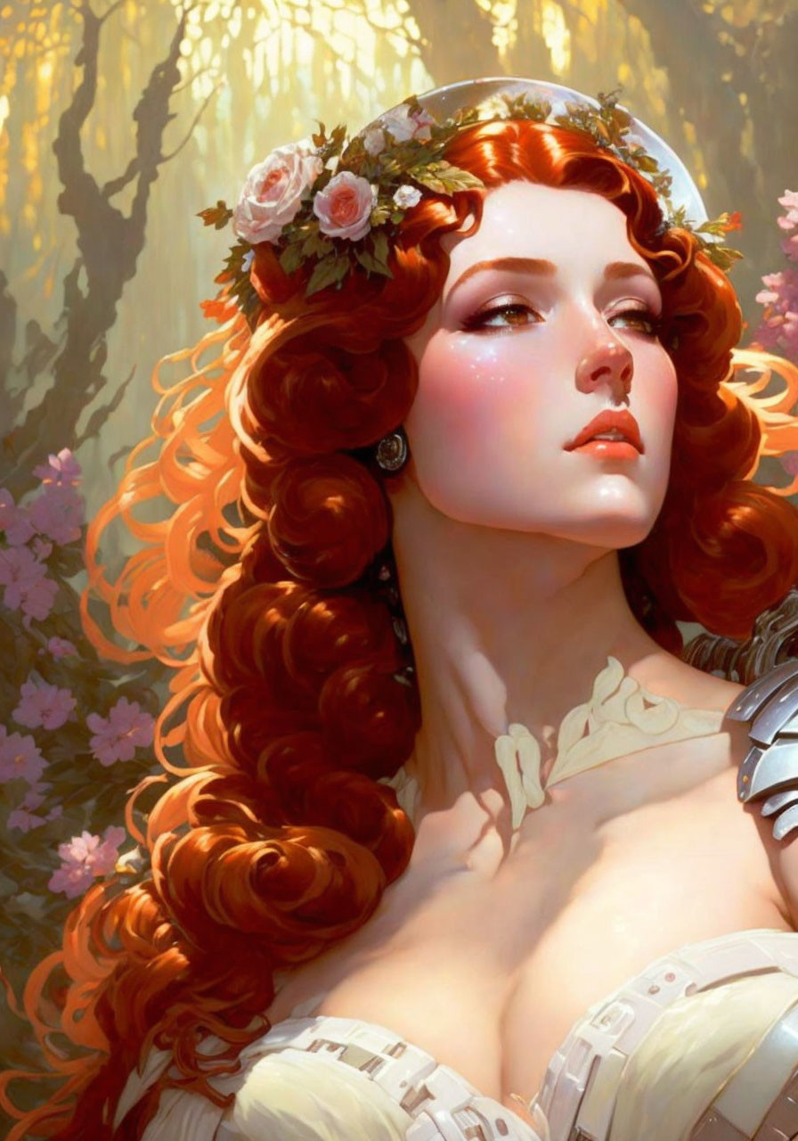 Digital portrait of woman with red hair and floral circlet in warm light among pink blossoms