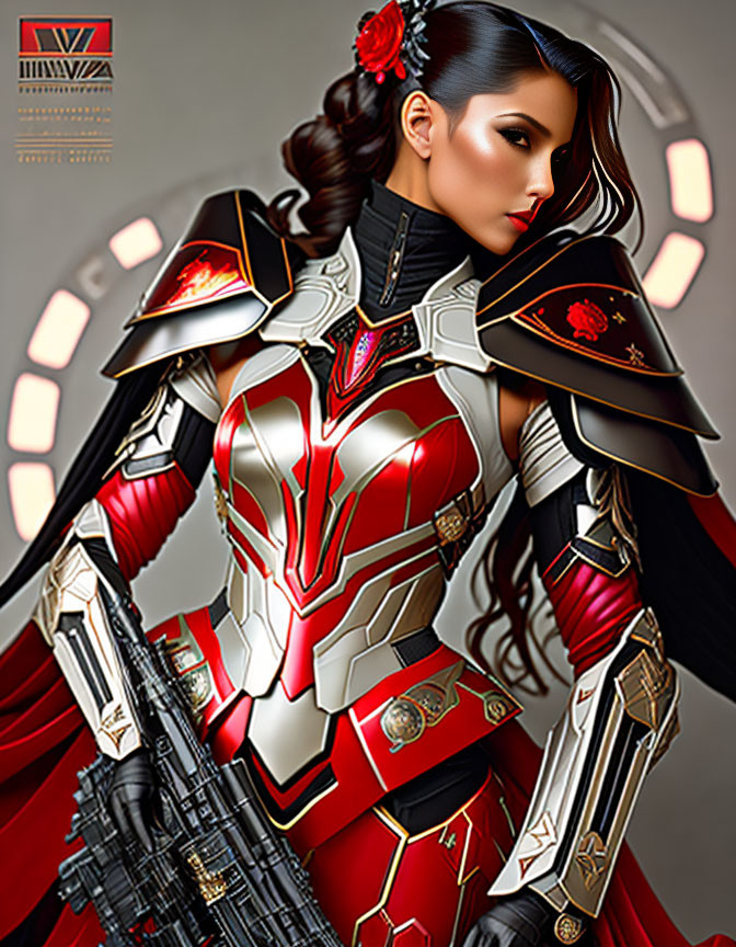 Futuristic digital artwork of woman in red and black armor with floral motif