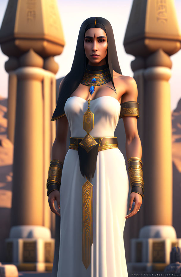 Digital artwork: Woman in Egyptian attire with gold and blue jewelry, standing by columns