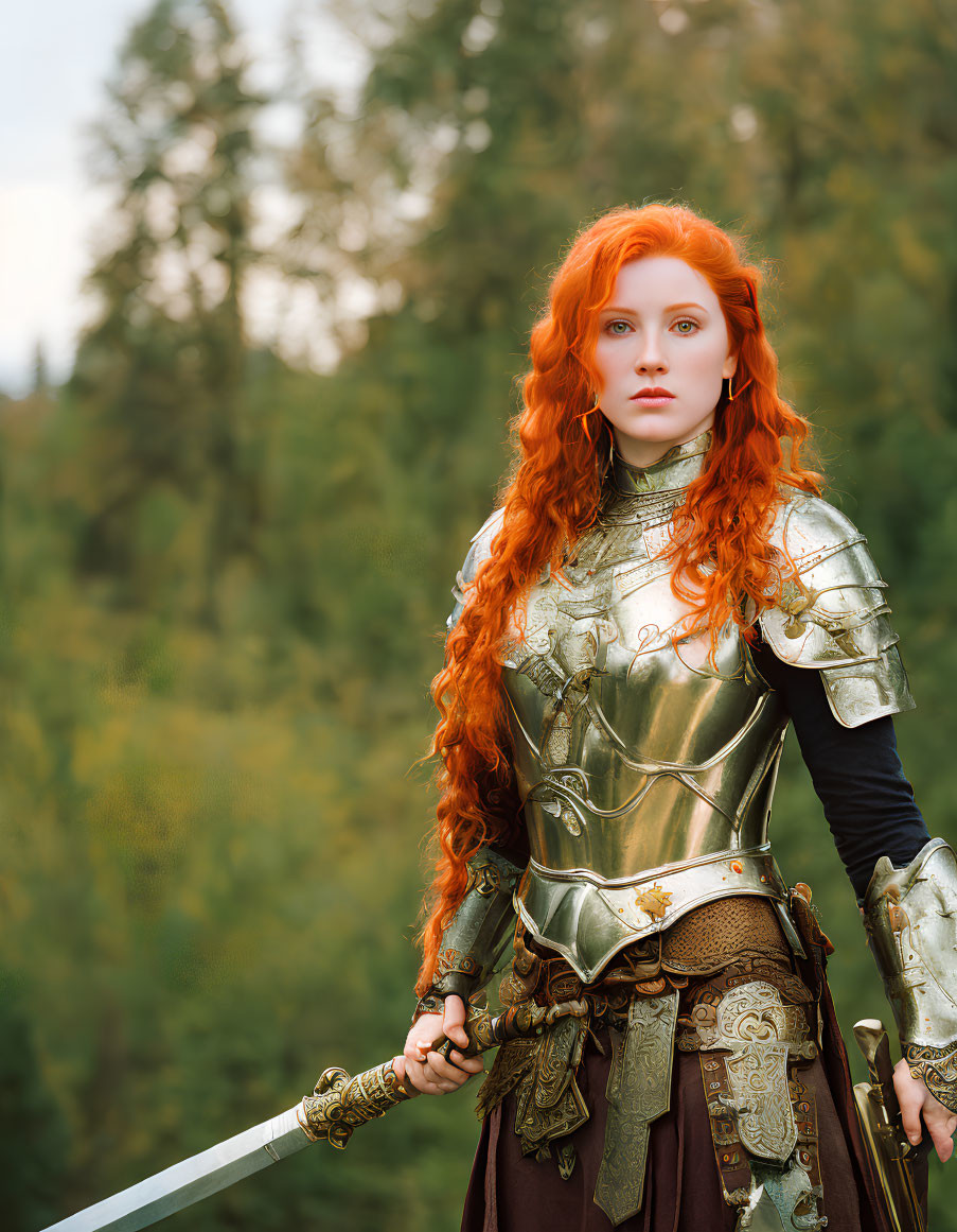 Long Red-Haired Woman in Medieval Armor with Sword in Forest Setting