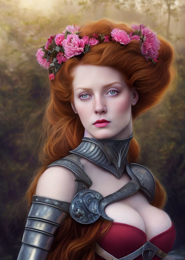 Digital artwork of a woman with red hair, blue eyes in floral crown and ornate armor, fantasy