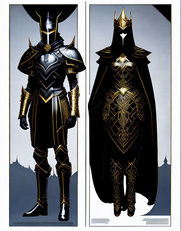 Armored Figures in Black and Gold Against Split Background