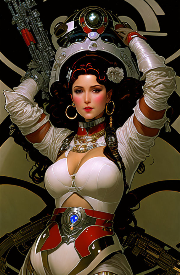 Futuristic digital artwork of woman in white and red armor