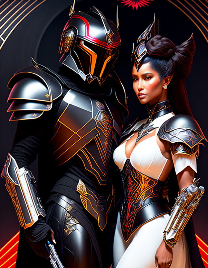 Futuristic male and female characters in glowing red armor pose on dark background