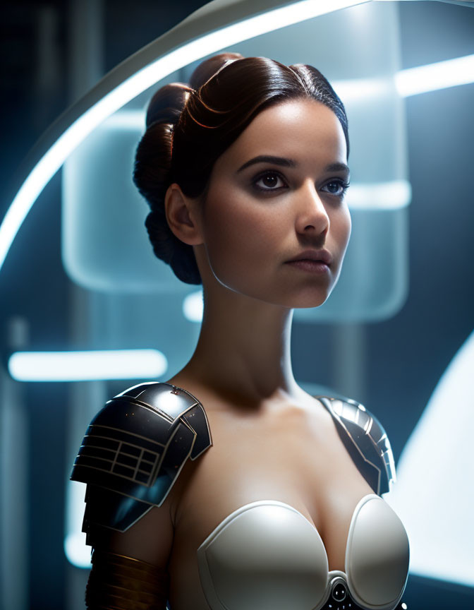 Woman with elegant updo in futuristic armor against neon lights