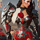 Detailed futuristic woman illustration in ornate armor with metallic and red accents.