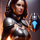 Futuristic female warrior in sleek armor with red energy weapon and detailed mechanical helmet under starlit sky