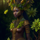 Elaborate Headpiece with Horns and Foliage on Woman's Face