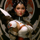 Futuristic woman in white armor with metallic headpiece and ornate designs.