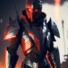 Futuristic knight in black and red armor with glowing elements and horns against city skyline.