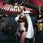 Three futuristic warriors in ornate armor standing confidently in a high-tech hall with soldiers in the background