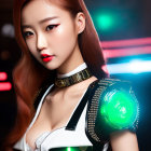 Red-haired woman in futuristic uniform against neon backdrop