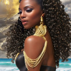 Curly-haired woman in gold jewelry poses on beach with blue skies