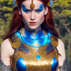 Regal woman digital artwork in ornate blue-gold armor