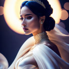 Dark-haired woman in bun, draped in white, backlit by halo light.