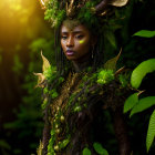 Elaborate forest-themed costume with horns and golden accents