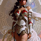 Futuristic warrior woman in armor with serene expression before intricate mechanical interface