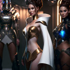 Three women in futuristic armor in moody sci-fi setting