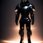 Futuristic knight in black armor with glowing orange swords