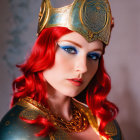 Vibrant red-haired person in golden crown and blue armor