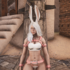 Fantasy-inspired costume with white bunny ears and gold accents on rocky terrain