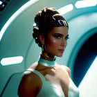 Elaborate Updo Hairstyle and Futuristic Fashion in Sci-Fi Setting