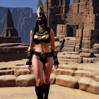 Fantasy video game character in gold and black costume at dusk