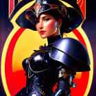 Stylized portrait of person in black armor with red accents on emblematic background