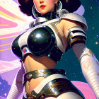 Futuristic digital artwork of a woman in white and blue armor suit