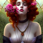 Red-haired woman in corset and floral crown against flower-filled backdrop