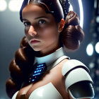 Brown-haired woman in futuristic outfit with black bow accessory poses against blurred background.