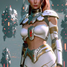 Brown-Haired Woman in Futuristic White and Gold Armor on Hexagonal Background