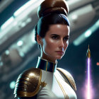 Regal woman in futuristic royal uniform with gold accents and ornate headdress.