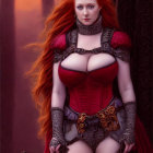 Red-Haired Female Warrior in Ornate Armor on Moody Red Background