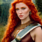 Vibrant red-haired woman in golden armor against forest backdrop